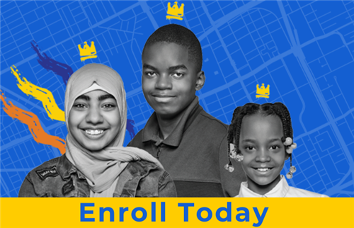 Three smiling students in front of a blue map of the city, above text stating "Enroll Today"